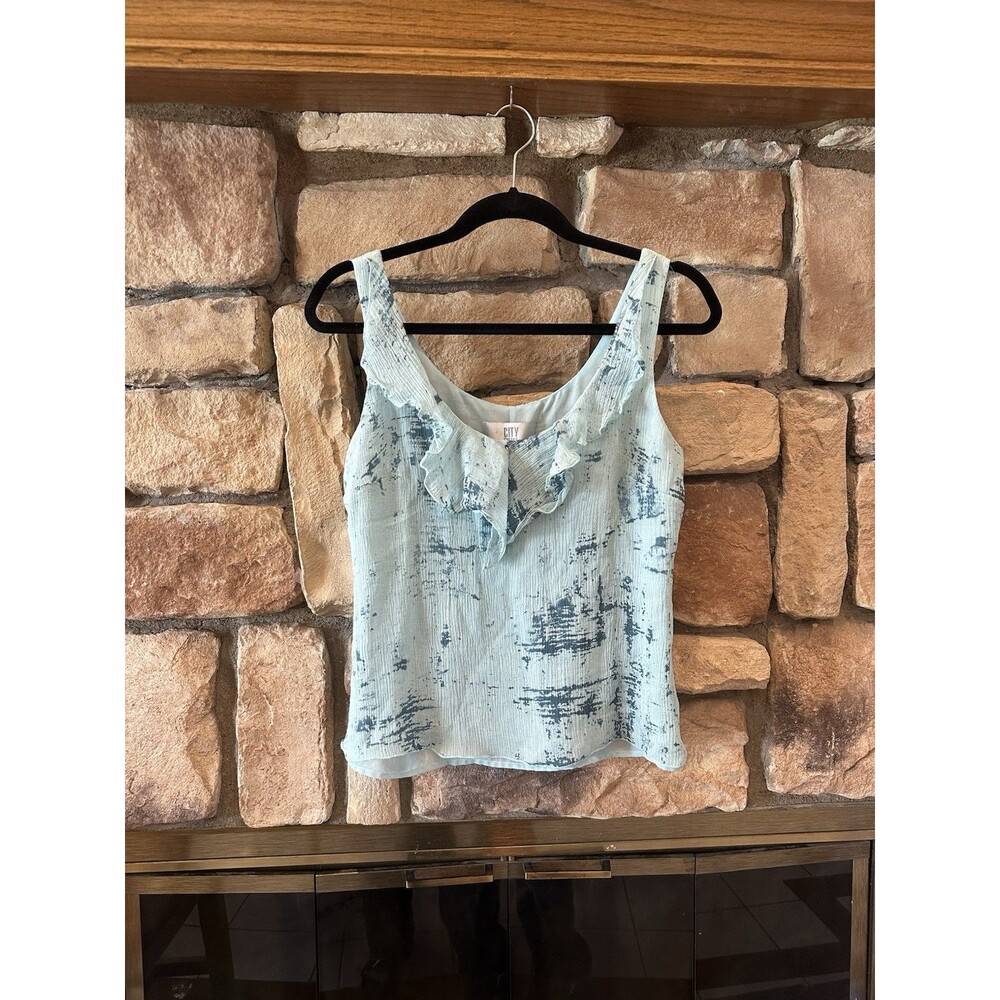 VTG 90s/00s DKNY City 100% Silk Blue Chiffon Top Ruffle Sz 10 Womens Tank Fairy
